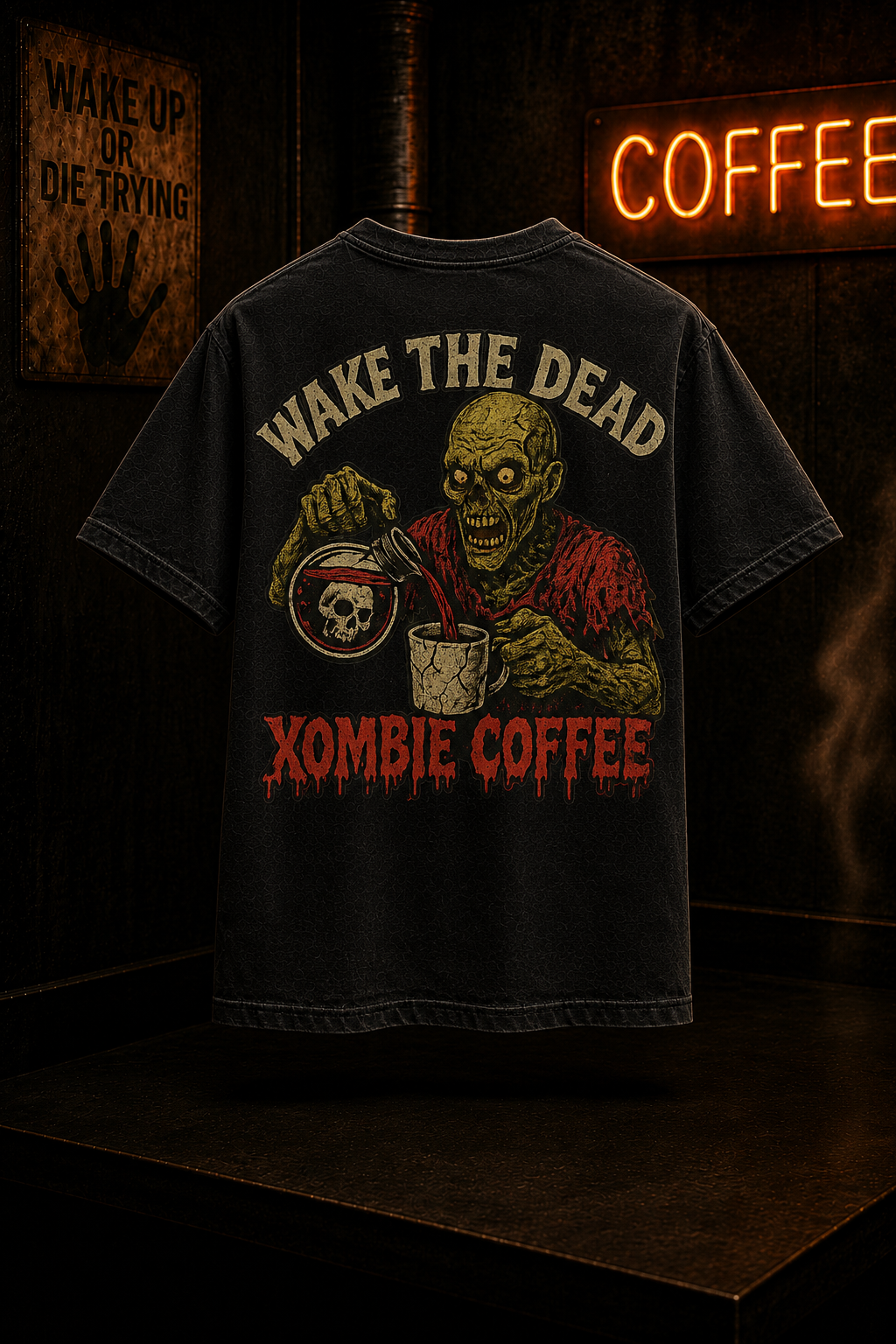 Wake the Dead double-sided black T-shirt with vintage Xombie Coffee zombie artwork.