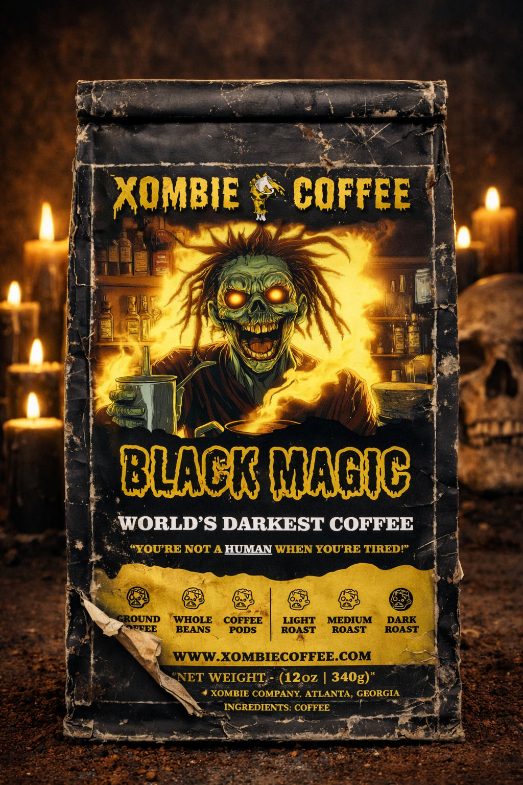 Black Magic dark roast coffee displayed in moody product artwork