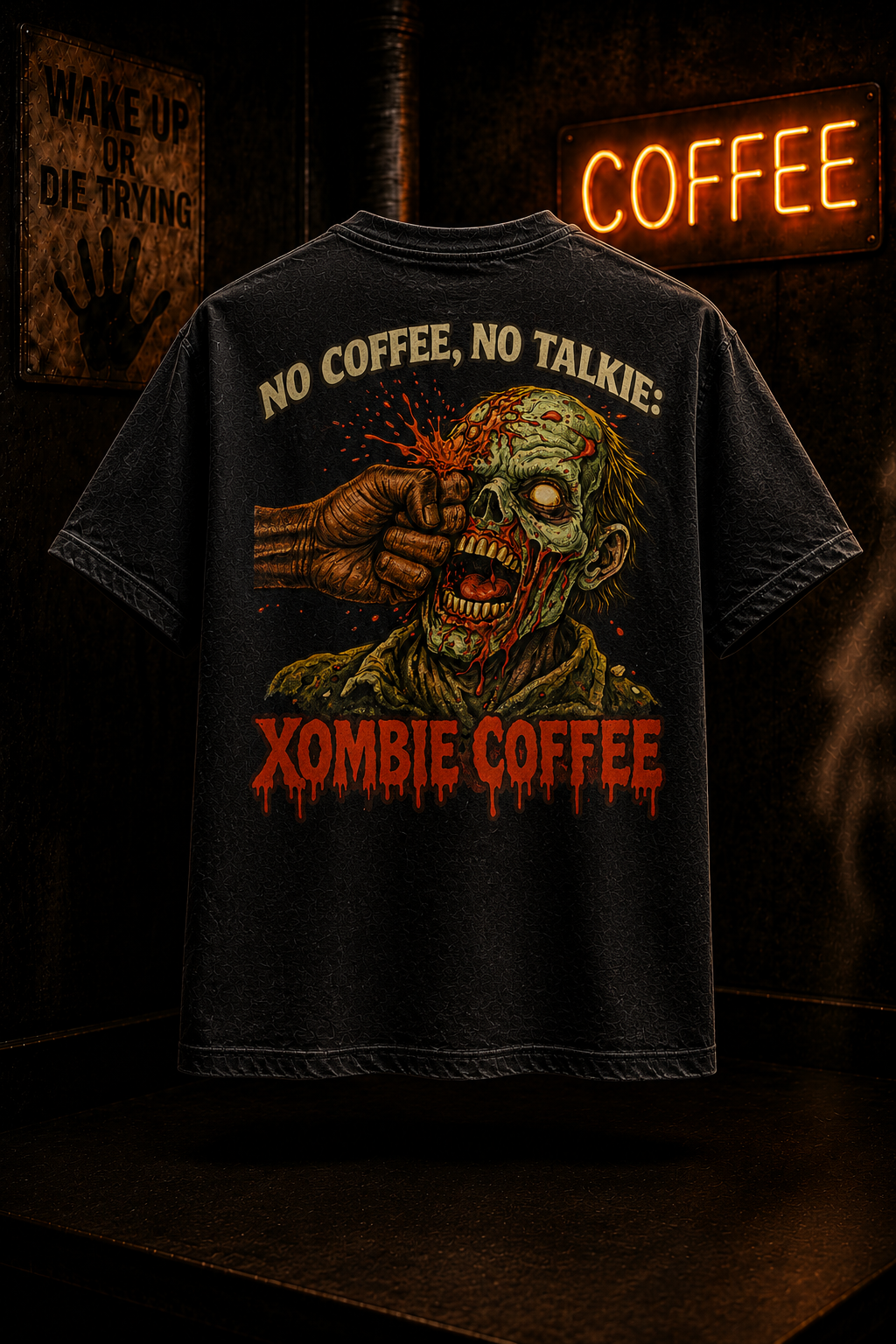 No Coffee No Talkie Punch double-sided black T-shirt with Xombie Coffee artwork.