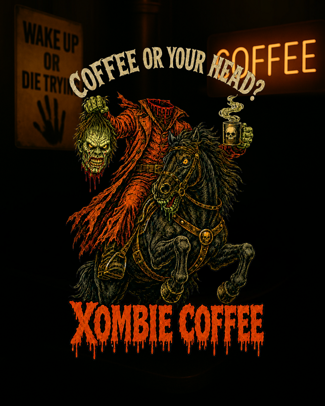 Xombie Coffee shirt logo artwork used on the Coffee Or Your Head tee.