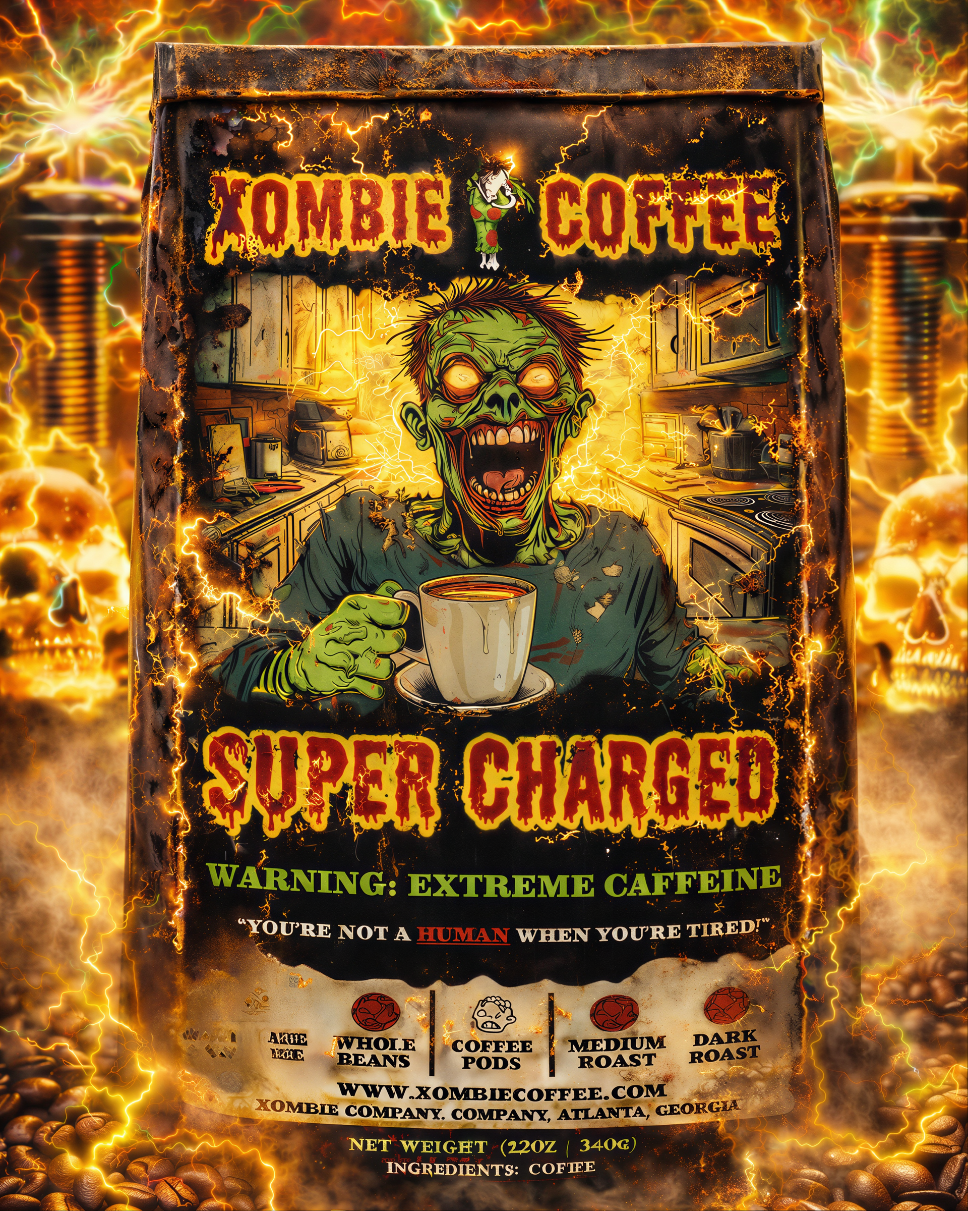 Super Charged high-caffeine coffee promotional artwork